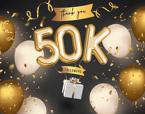 50k, 50000 followers thank you with gold balloons and golden confetti. Illustration 3d render for social network friends, followers, web user Thank you celebrate of subscriber, followers, likes