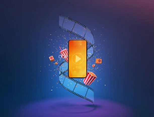 party and watching movies cinema online Entertainment media on smartphone with popcorn film strip speaker and paper confetti. Multimedia application service. object clipping path. 3D Illustration.