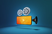icon symbol movie camera used to film motion pictures with smartphone. Watching cinema or music entertainment media on smartphone.