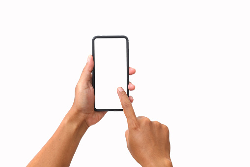 Man's hand holding the black smartphone with blank screen and modern frameless design. Isolated on white background.