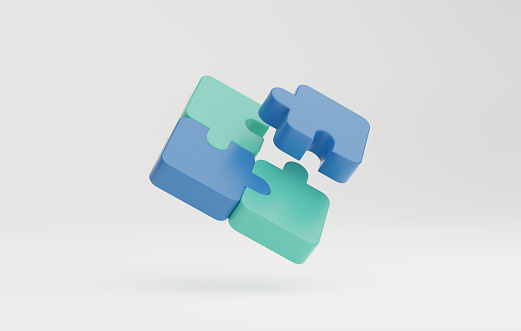 Connection together puzzle pieces on a white background, Business success solution. 3d render illustration.