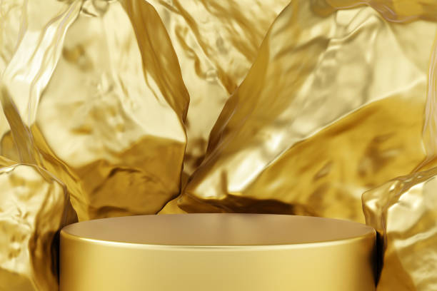 istock Platform podium cylinder rock gold luxury elegant precious counter brand surface stone texture smooth display backdrop. 1409009159