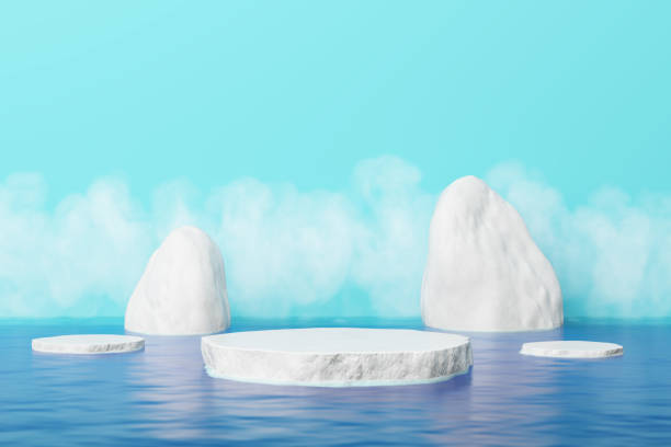 ghiaccio freddo fresco iceberg bianco galleggiante oceano blu stand prodotto display platform pubblicità montagna paesaggio stagione invernale. - mountain sky landscape non urban scene foto e immagini stock