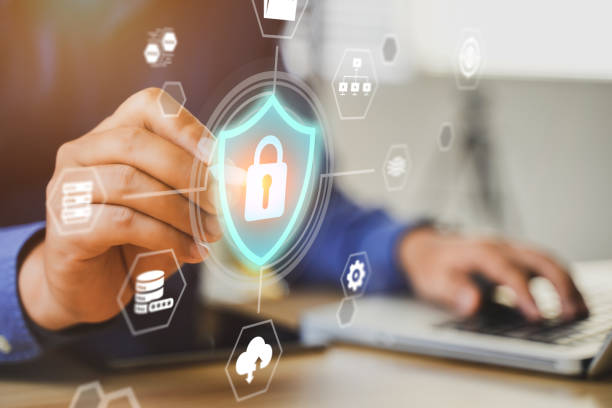 Personal Data Protection Act or PDPA concept. Businessmen use a phone with fingerprint scanning concept. Shield with lock icon on screen, futuristic protection from privacy theft.