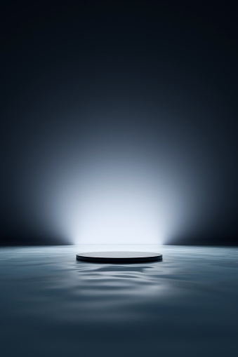 black circle stage podium stand on the dark blue surface water and waves with light bright on metal wall backdrop. Platform advertising display for products fashion and cosmetics. 3D illustration.
