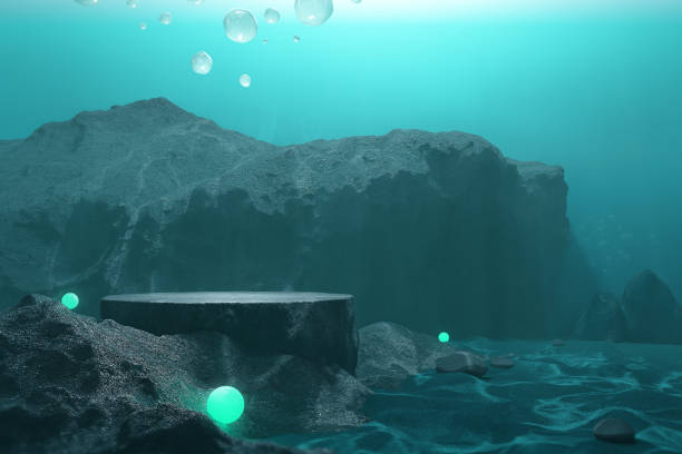istock Platform podium reef underwater sea creature bubble foam shine water seabed rocks float ocean shine marine natural. 1409009428