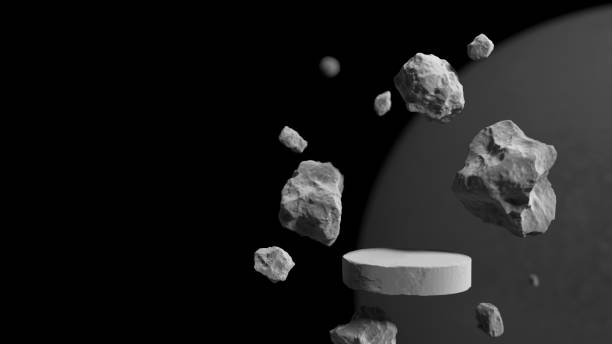 istock abstract display podium rock stone asteroid float outer space galaxy product stand cosmetic skin care advertising planet dark black concept universe stars cosmos. clipping path. 3D Illustration. 1409009497