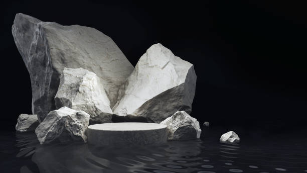 istock podium white botticino marble minimal black dark rough surface raw rock on wave ripple water light shadow stone strong. 1409009527