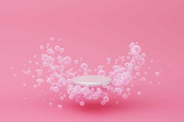 pink platform float bubbles air concept stand product display commercial advertisement blow water soap clean detergents wash. space for placing products fashion cosmetics skincare. 3D illustration