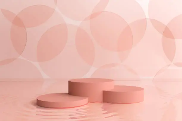 Photo of platform pink stand stick short round circle product float low standing podium advertisement sweet girl ripple liquid.