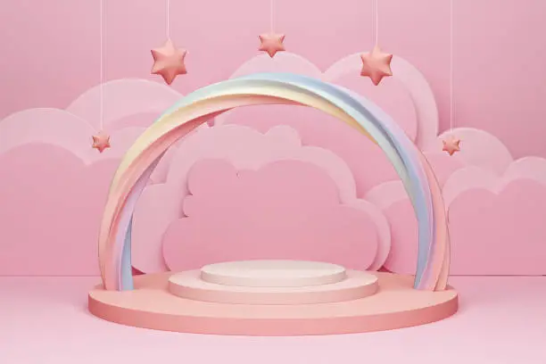 Photo of marshmallow pink pastel product podium or display rainbow girly girl advertising cloud layer set theatre vibe cutout twist sweet.