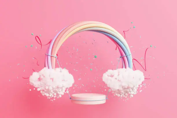 Photo of pink pastel product podium display swing rainbow kid girl cute advertisement cloud float and bubble makeup cosmetic teenager.