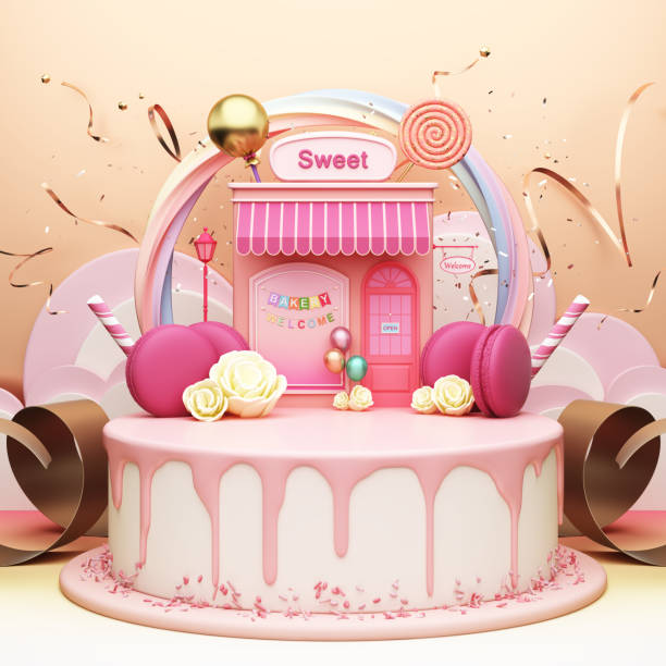pedestal podium display pink pastel cute kid cake celebration party confetti bakery shop macaron sweets candy house. - cupcake cake birthday candy imagens e fotografias de stock