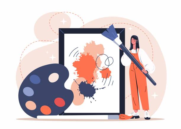 Art studio class concept Art studio class concept. Young smiling woman artist holds brush and draws on large canvas with paints. Creative profession. Lesson or drawing course. Cartoon contemporary flat vector illustration clip art of how to draw a train stock illustrations