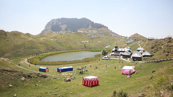 The most beautiful image of Prashar Lake And Green Landscape Of The Prashar Rishi Temple District Mandi Himachal Pradesh INDIA. This image was taken on the an festival of this tribe Saranahuli mela an rare festival of Himachal Pradesh INDIA.