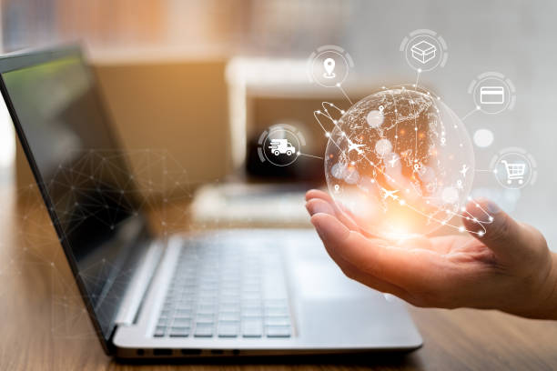 istock Transport process on virtual screen concept: Close up hand a man show global network connect to  customer in shopping online on wood table and parcel box in blur background 1409022467