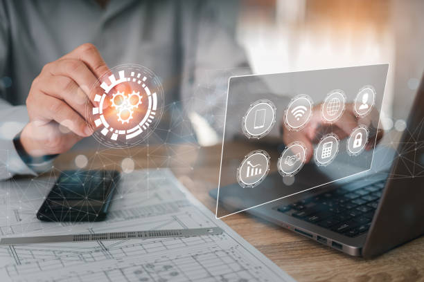 Engineering concept and technology on virtual screen, Businessman use pencil pointer in icon with business engineer planning and construct work document and laptop on wood table in office concepto de ingeniería y tecnología en pantalla virtual, empresario usa puntero de lápiz en icono con planificación de ingeniería de negocios y construcción de documentos de trabajo y computadora portátil sobre mesa de madera en la oficina