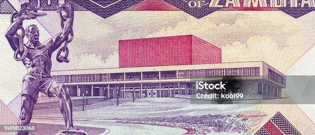 istock Independence Monument and National Assembly Building in Lusaka Pattern Design on Zambia Banknote 1409023060