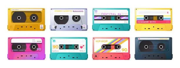 Vector illustration of 90s cassette tape. Old music audio record, retro stereo compact disco player in rock vintage style, 80s labels. Colorful design elements. Trendy hipster vector illustration icons set