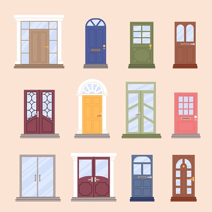 House doors with windows. Front of apartments, wooden and glass home wall. Bright colors architectural modern and classic exterior elements. Vintage and trendy decor objects. Vector illustration set