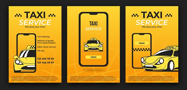 Taxi poster. Car race service flyer or sport banner layout. Transport delivery ad promotion. Order automobile mobile app. Cab drive brochures set. Smartphone application. Vector design yellow template