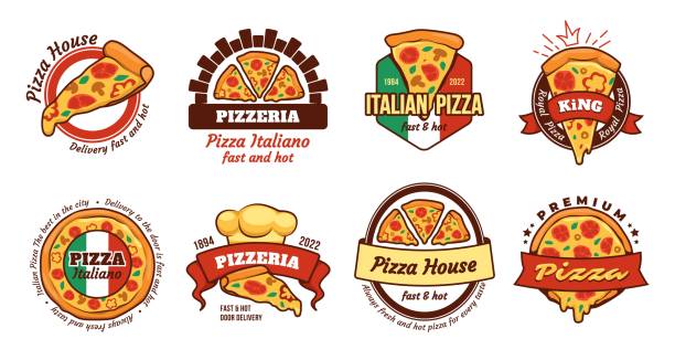 Pizza slice logo. Hot fastfood for Italy shop. House kitchen. Simple restaurant label. Pizzeria emblems set. Delicious Italian meal delivery. Business symbols. Vector illustration template Pizza slice logo. Hot fastfood for Italy shop. House kitchen. Simple restaurant label. Pizzeria color emblems set. Delicious Italian meal delivery. Cafe business symbols. Vector illustration template pics for pizza pizza logo stock illustrations