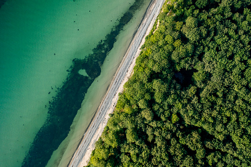 Drone’s eye view of the unspoilt coastline on the island of Moen in Denmark.
