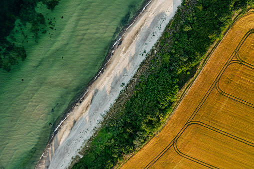 Drone’s eye view of the unspoilt coastline on the island of Moen in Denmark.