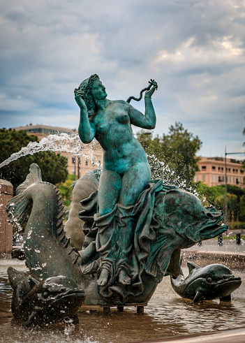 Nice, France - May 25, 2022: Famous fountain du Soleil with the statue of Venus by Alfred Janniot on Place Massena, French Riviera, South of France