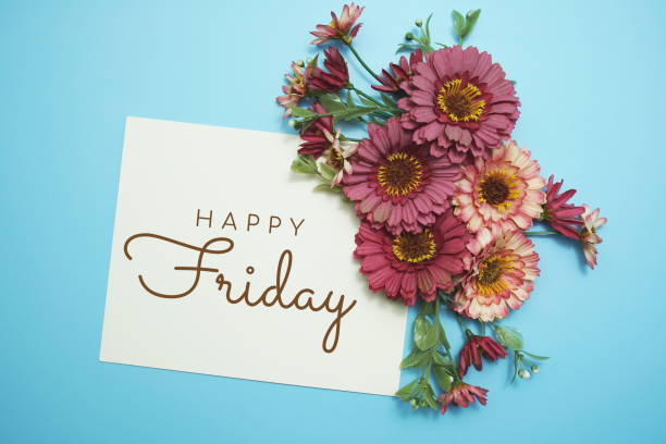 istock Happy Friday card typography text with flower bouquet on blue background 1409028652