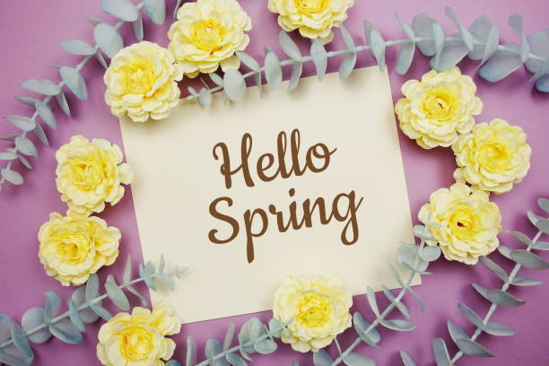 istock Hello Spring typography text and flower decorate on purple background 1409029170