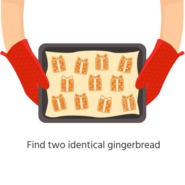 Christmas and new year educational riddle. Find two identical gingerbread. Vector illustration. Printable worksheet for kids riddle stock illustrations