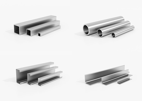 Set of metal parts steel, for steel industry, on white background, 3D rendering.