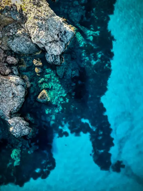Aerial drone photos of secluded beaches and turquoise ocean in the  mediterranean sea of Ibiza, Spain