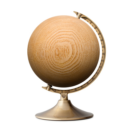 Wooden globe isolated on white background.