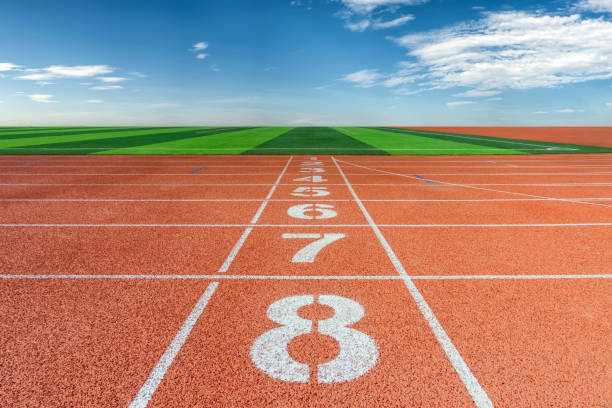 istock Outdoor sports stadium digital plastic track 1409032322