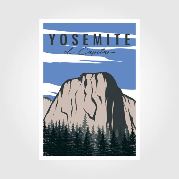 bildbanksillustrationer, clip art samt tecknat material och ikoner med yosemite national park vintage poster outdoor vector illustration design, el capitan. - yosemite falls