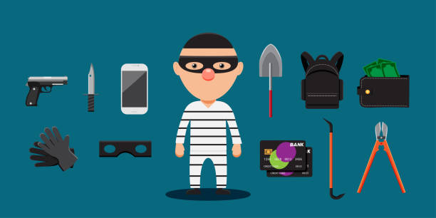 ilustraciones, imágenes clip art, dibujos animados e iconos de stock de ladrón y conjunto de herramientas para el crimen - cuchillo arma
