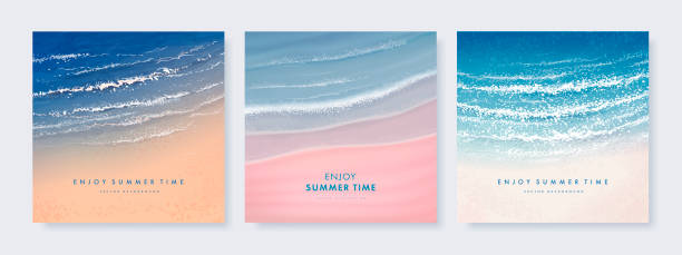 набор векторного квадратного пейзажного фона. красивая реалистичная иллюстрация сверху песчаного летнего пляжа - harbor island stock illustrations