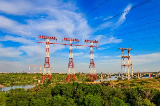 High voltage power line across the Dnieper river on Khortytsia island in Zaporizhia, Ukraine