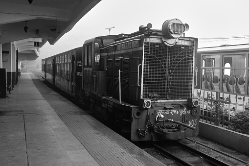 Darjeeling, West Bengal, India - 22 June 2022, Darjeeling Himalayan Railway at Station, Darjeeling Himalayan railway is a UNESCO world heritage site. , Selective focus.