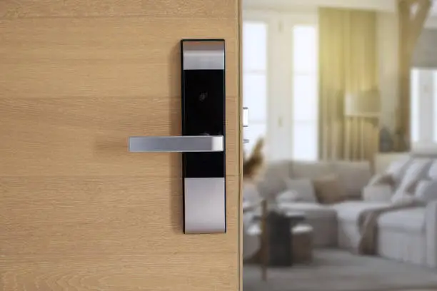 Digital Door handle or Electronics knob  for access to room security, Door wooden half opening through interior living room background,