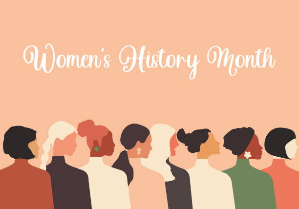 Women's History Month. Women of different ages, nationalities and religions come together. Horizontal pink poster. Vector. Women's History Month. Women of different ages, nationalities and religions come together. Horizontal pink poster. Vector. history stock illustrations