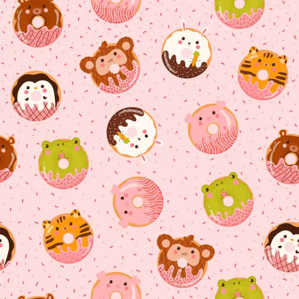 Vector illustration of Cute colorful animal donuts seamless pattern for kids in cartoon style on pink background, tasty bakery ornament