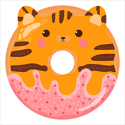 Cute tiger or red cat with face donut with pink glaze, tasty sweets for kids in cartoon childish style isolated on white background, element for bakery design