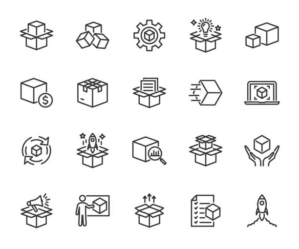 illustrations, cliparts, dessins animés et icônes de ensemble vectoriel d’icônes de ligne de produits abstraites. contient des icônes de sortie de produit, module, présentation, développement de produit, emballage, coût, lancement de produit et plus encore. pixel parfait. - marchandise