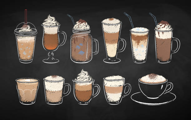 ilustrações de stock, clip art, desenhos animados e ícones de chalk drawn coffee cups on chalkboard backgorund - latté cafe macchiato cappuccino cocoa