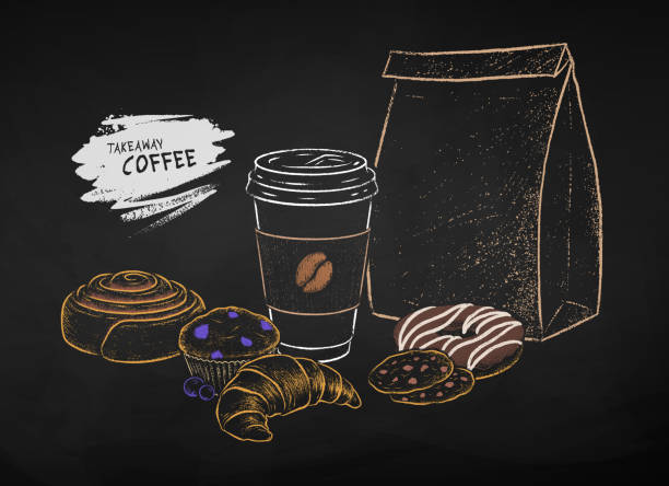 illustrazioni stock, clip art, cartoni animati e icone di tendenza di tazza di carta da asporto e cibo cotto - coffee muffin take out food disposable cup