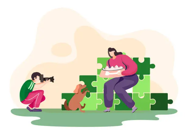 Vector illustration of Photographer takes photo of the young woman and her dog in the park with puzzles on the background