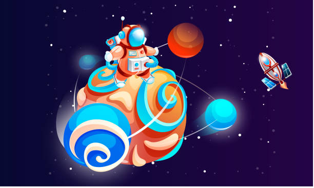 istock Cartoon astronaut on the planet cosmic vector illustration. Cosmonaut in outer space with rocket 1409043815